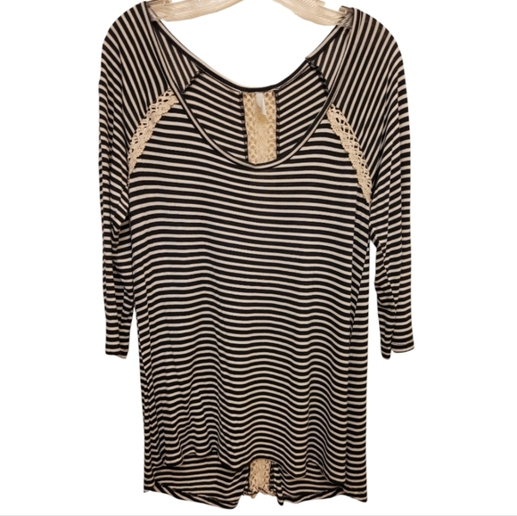 Vanity Navy Blue White Striped Lace Long Sleeve Tee Size Large - Picture 1 of 11